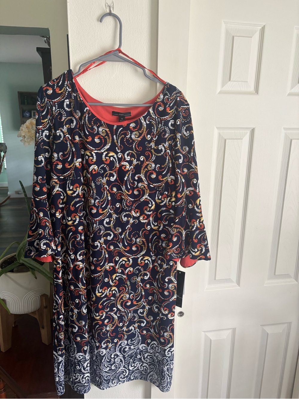 R&K Navy Dress with Coral & Gold Swirl Print